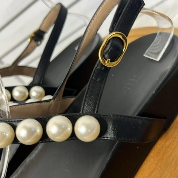 STUART WEITZMAN l Goldie Pearly Leather Flat Strap Sandal Black Leather Size 7 - Picture 6 of 15